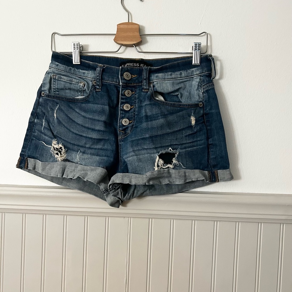 Express Women’s Size 6 Dark Blue Button Fly Distressed Ripped Jean Shorts
